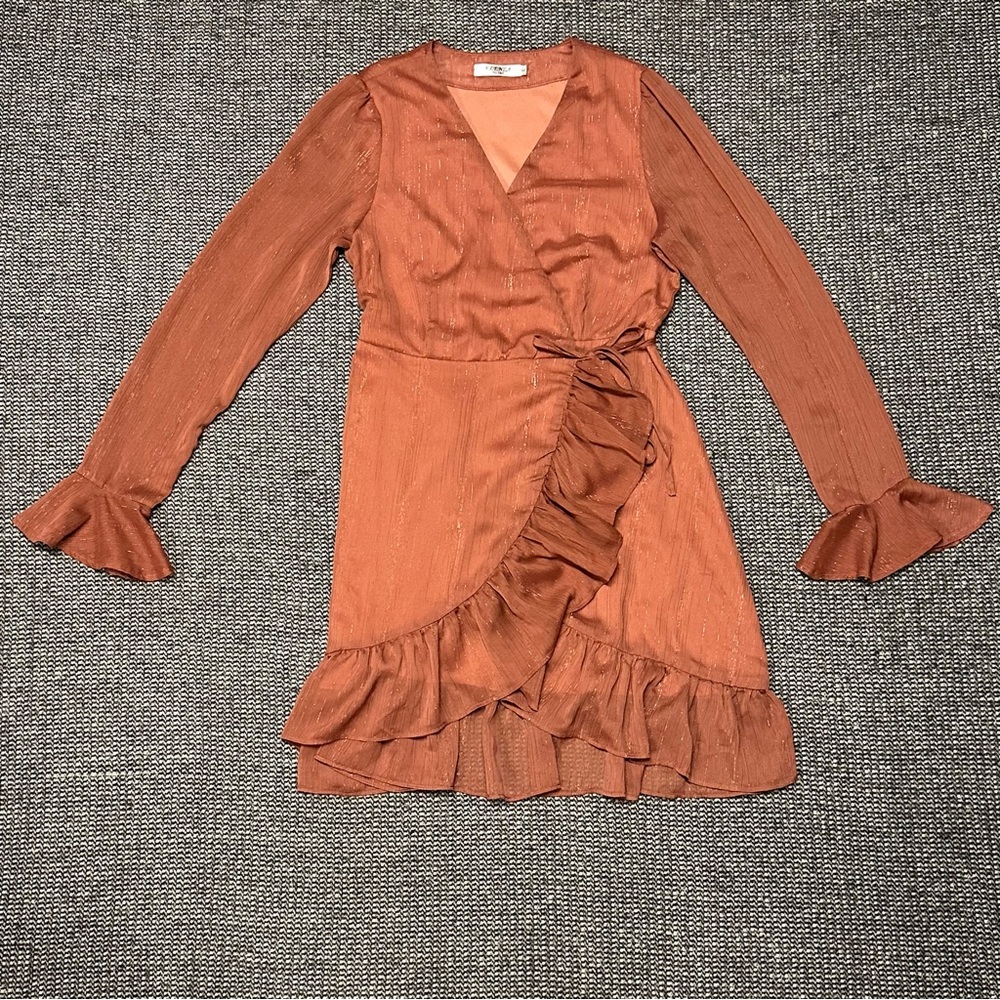 Ruffle Wrap Long-Sleeve Dress in Rust